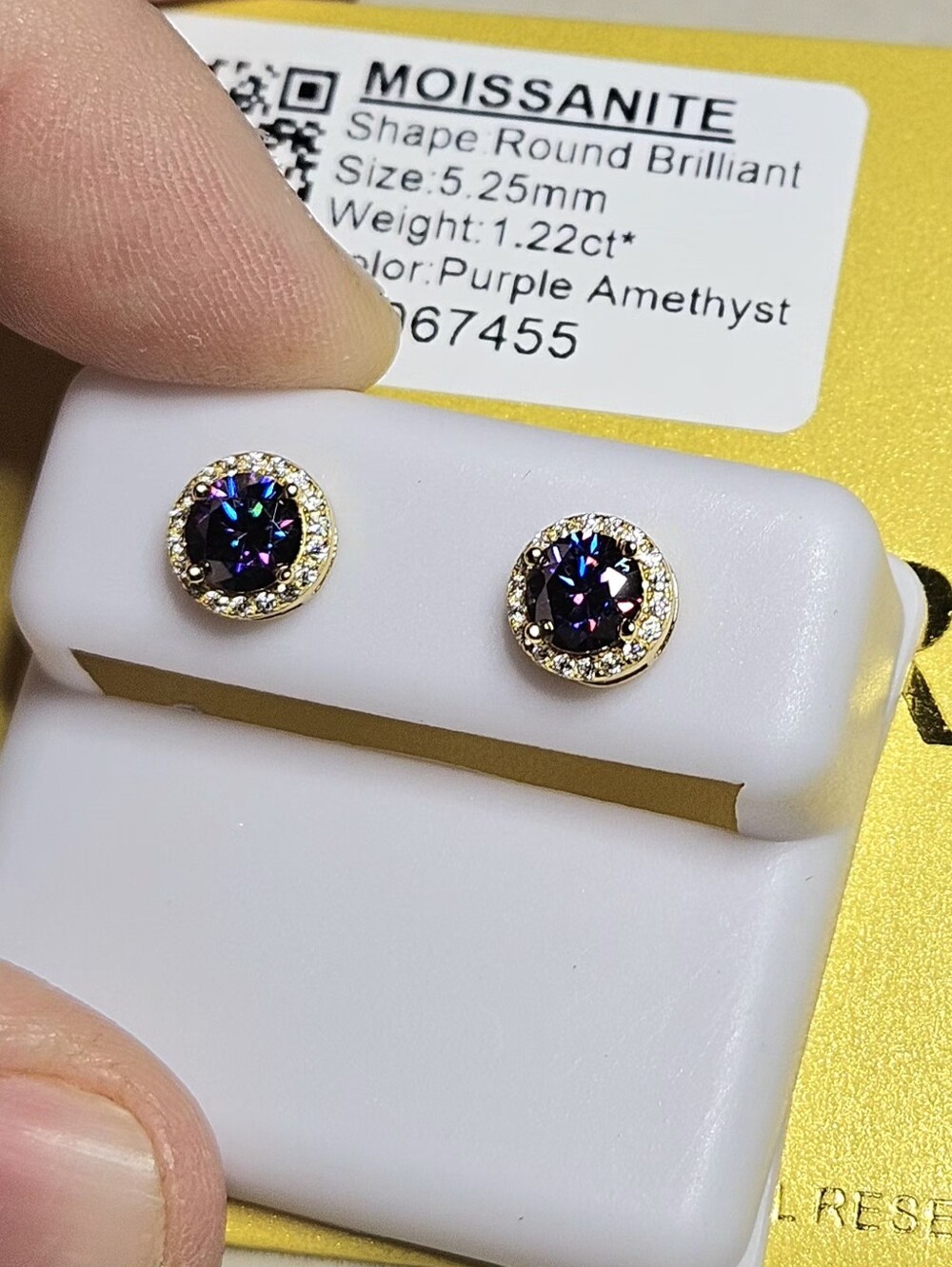Moissanite Purple Amethyst Round Halo Stud Earrings - Sterling Silver - Picture 9 of 14